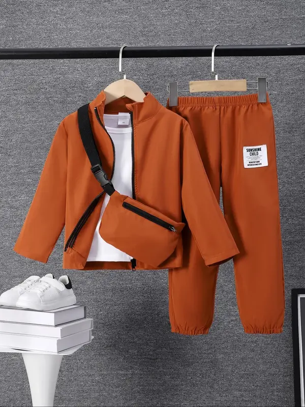 Boys' 4-Piece Outfit Set, Round Neck Long Sleeve Tee Shirt, Zip-Up Stand Collar Jacket, Pockets Pants, Casual Street Style