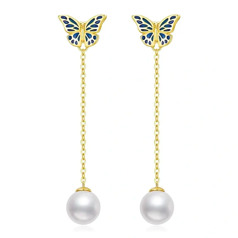 Gold Vermeil Pearl Butterfly Drop Earrings for Women