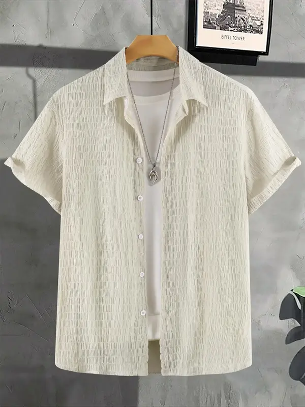 Men's Plain Textured Button Front Collared Shirt, Casual Regular Fit Shortsleeve Collar Shirt for Summer, Fashion Men's Stre...