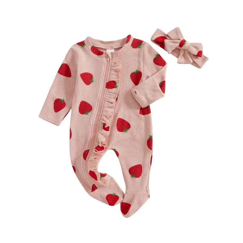 Newborn Coming Home Outfit Girl Boy Strawberry Print Zip Up Ruffle Butts Footie Romper Jumpsuit Waffle Knit Onesie Hospital C...