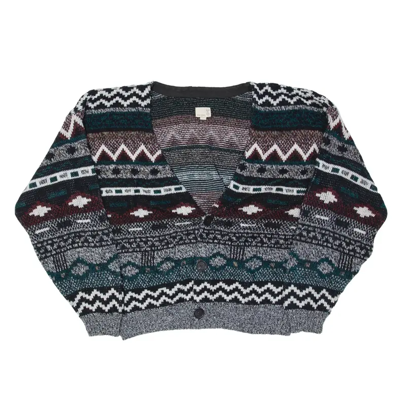 URBAN RENEWAL Patterned Cardigan Grey Crazy Pattern Chunky Knit V-Neck Mens M