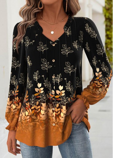 Modlily Black Tummy Coverage Leaf Print Long Sleeve Blouse - M