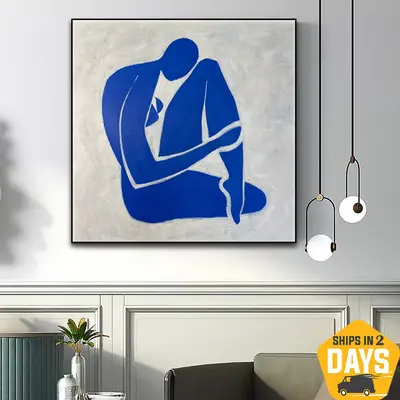 Original Blue Woman Oil Painting Matisse Style Artwork Abstract Female Acrylic Wall Art for Home | LONELY LADY 40"x40&qu...