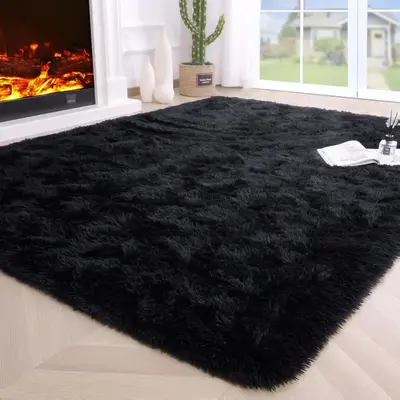 [New Deal] Fluffy Area Rugs for Living Room,4x5.3 Feet Black Rugs for Bedroom,Thick Shag Throw Floor Carpet,Soft Shaggy Bedsi...