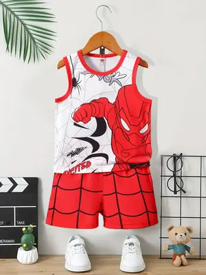 Boy's Spider Print Tank Top & Shorts Set, Casual Round Neck Sleeveless Top & Shorts, Summer Outfits Clothes for Kids