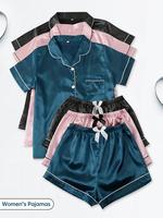 6 Piece Set Women's Solid Contrast Binding Bow Decor Pajama Set, Short Sleeve Button Front Lapel Shirt & Shorts Pj Set, Sleep...