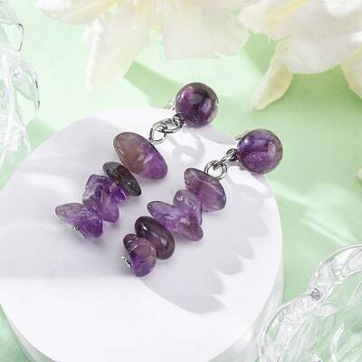 Natural Amethyst Dangle Stud Earrings