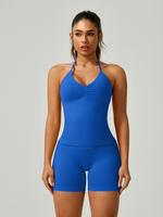 Women's Solid Ruched Design Backless Halter Top & High Waist Shorts Tracksuit Set, Sporty Breathable Comfortable Two-piece Ou...