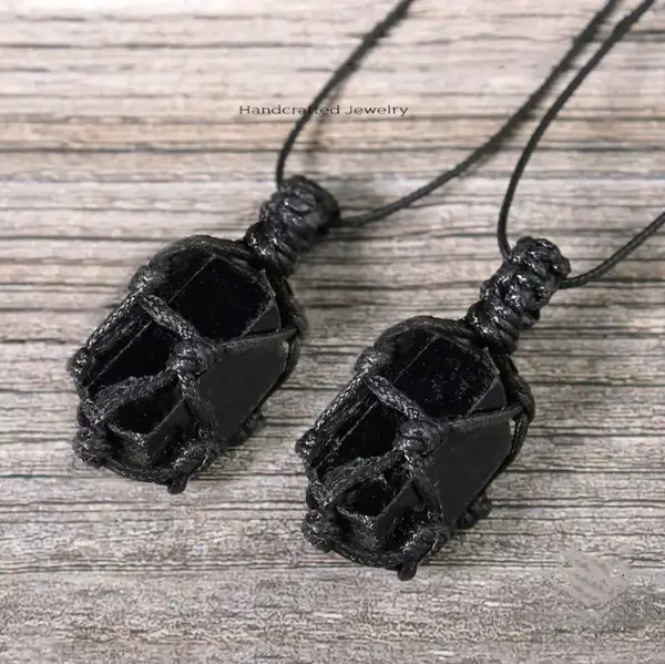 Natural Raw Black Tourmaline Gemstone Warped Pendant Quartz Healing Positive Energy Crystal Men Women Necklace-1PC