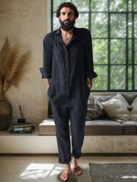 Casual Solid Linen Blend Jumpsuit, Navy Blue / XXL