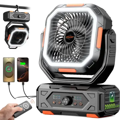 OGERY 2025 Upgraded Camping Fan, 20000mAh Rechargeable Fan with LED Lights & 270° Pivot, Remote Control Shaking Head Desk Fa...