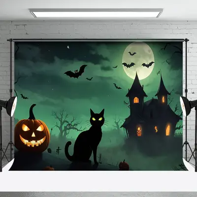 Aperturee Black Cat Pumpkin Witch House Halloween Backdrop - Aperturee