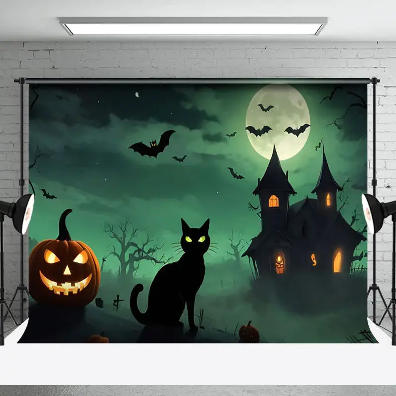 Aperturee Black Cat Pumpkin Witch House Halloween Backdrop - Aperturee