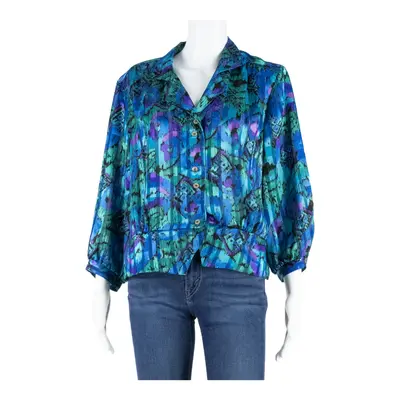 RIO Womens Blouse Shirt Blue Collared Long Sleeve Crazy Pattern S