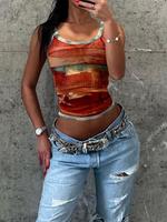 Women's Landscape Print Contrast Binding Crop Tank Top, Street Fashion Casual Sleeveless Round Neck Top for Daily Outdoor Wea...