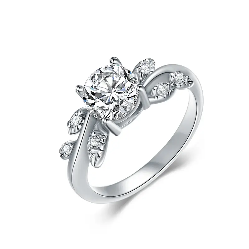 Sterling Silver Round Shaped Cubic Zirconia Leaves Engagement Ring