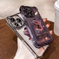 Pink rose electroplating pattern, anti-drop, non-slip TPU mobile phone protective case, suitable for iPhone 16 15 14 13 12 11...