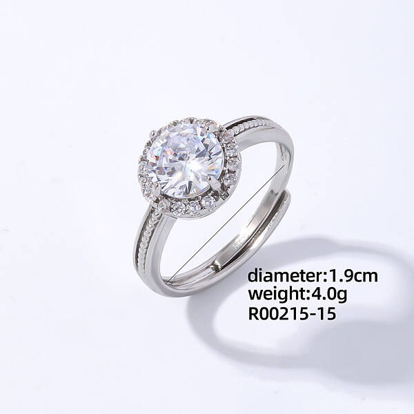 Flat Round Platinum Brass Adjustable Ring with Cubic Zirconia