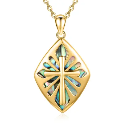 Sterling Silver with Yellow Gold Plated Abalone Shellfish Cross Pendant Necklace