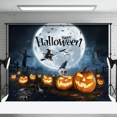 Pumpkin Ranch Moon Witch Moon Night Happy Halloween Backdrop