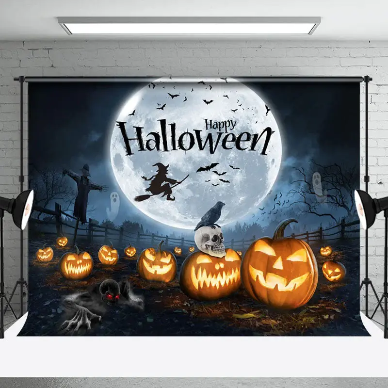 Pumpkin Ranch Moon Witch Moon Night Happy Halloween Backdrop