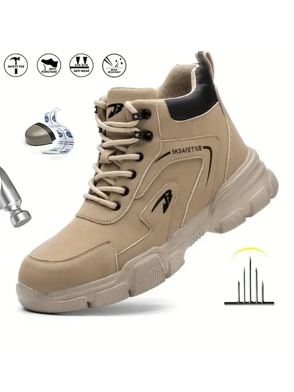 Men's Casual Lace Up High Top Safety Shoes, Lightweight Breathable Outdoor Work Shoes, Durable Steel Toe Boots, Comfortable N...