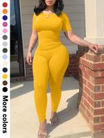 Women's Solid Top & Legging Two-piece Set, Casual Fashion Cozy Breathable Two Piece Outfits for Daily Wear, 2 Piece Sets Wome...