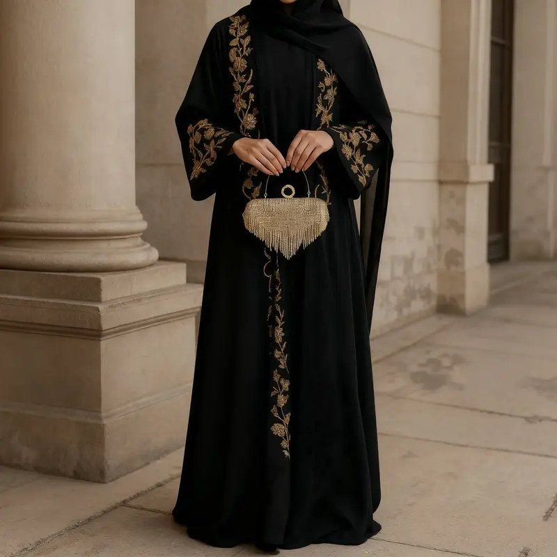 Black Banquet Dress Abaya Set | Embroidered Diamond Elegance 3-Piece Abaya with Hijab (MOA184)