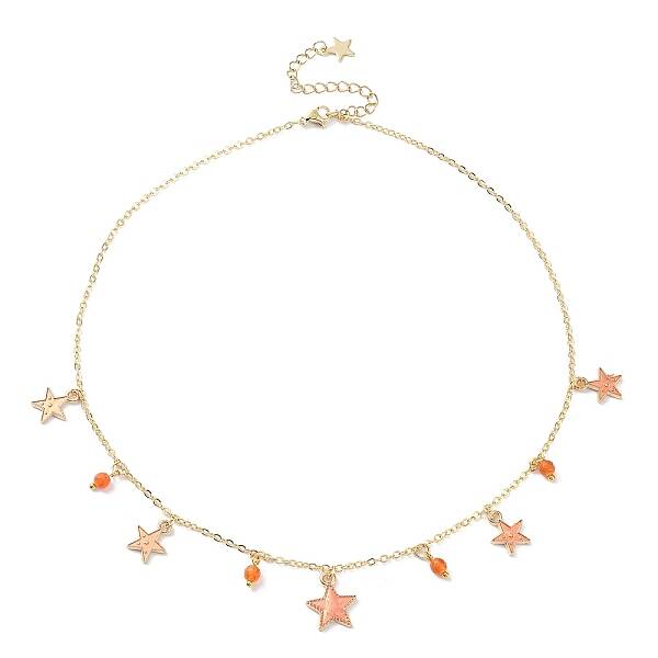 Natural Agate Round & Alloy Enamel Star Charms Bib Necklace with 304 Stainless Steel Chains