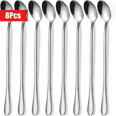 Stainless Steel Long Handle Spoon Set, 8 Counts Durable Dishwasher Safe Spoon, Kitchen Tableware for Home, Party, Coffee Shop...