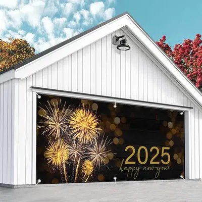 Aperturee Black Sparks Bokeh 2025 New Year Garage Door Banner