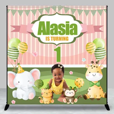 Cute Animals Pink Stripe Custom 1st Birthday Backdrop