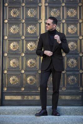 Suit And Turtleneck Combo - Turtleneck Prom Outfits - Prom Turtleneck   Black Suit