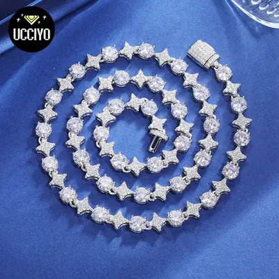 【#NS9250037】8mm S925 Sterling Silver Star Round Tennis Chain Necklace For Women New Design Iced Out Hip Hop Fine Jewelry ...