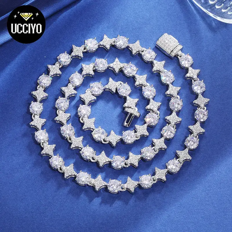 【#NS9250037】8mm S925 Sterling Silver Star Round Tennis Chain Necklace For Women New Design Iced Out Hip Hop Fine Jewelry ...
