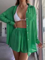 Women's Solid Button Front Pocket Sheer Cover Up Shirt & Shorts Set, Casual Drop Shoulder Long Sleeve Top & Shorts for Beach ...