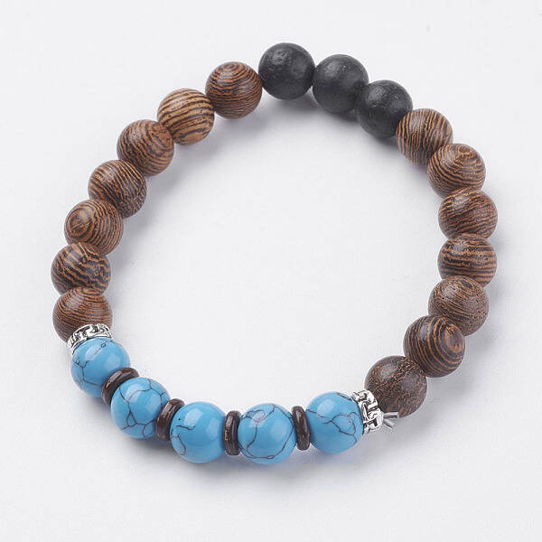 Natural Lava Rock & Wenge Wood Beads & Coconut Stretch Bracelets