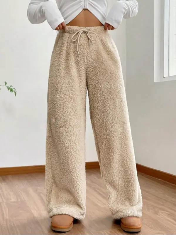 Women's Solid Drawstring Waist Plush Straight Leg Pants, Casual Comfy Warm Trousers for Fall & Winter, Women's Bottoms for Da...