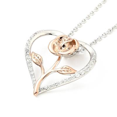 Clear Cubic Zirconia Heart with Rose Pendant Necklace