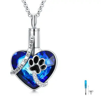Sterling Silver Heart Crystal With Cubic Zirconia Paw & Heart Urn Necklace For Ashes