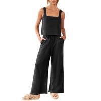 ANRABESS Women's 2 Piece Outfits Square Neck Linen Sleeveless Tank Crop Top Wide Leg Pants Matching Lounge Set Summer Tracksu...