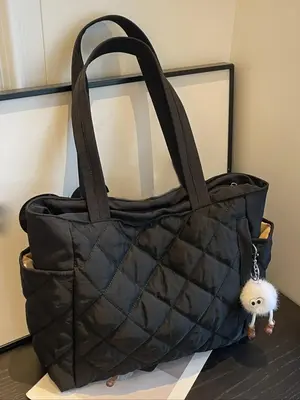 Women's Solid Color Puffer Quilted Design Shoulder Bag with Pom Pom Charm, Fashionable Large Capacity Tote Bag for Daily Used...