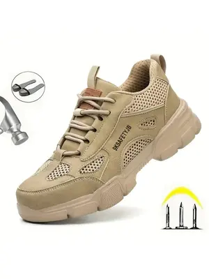 Men's Breathable Lightweight Anti-slip Safety Shoes, Casual Waterproof Workout Sneakers, Comfortable Hollow Out Design Lace U...