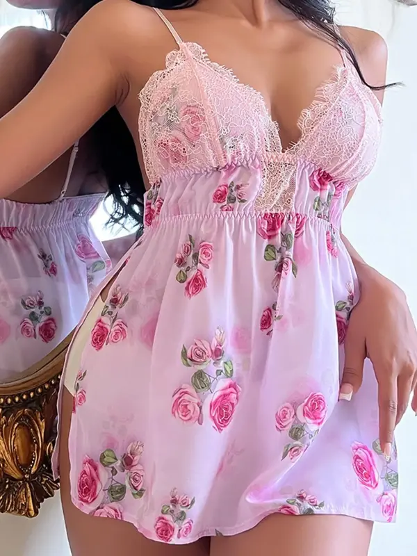 Women's Mean Girls Floral Print Backless Cami Nightdress, Summer Clothes Women, Sexy Comfort Contrast Lace Adjustable Spaghe...