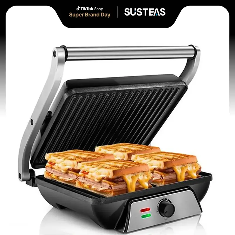SUSTEAS 3-in-1 Electric Indoor Grill - Panini Press with Non-Stick Cooking Plates, Opens 180-Degree Gourmet Sandwich Maker, F...