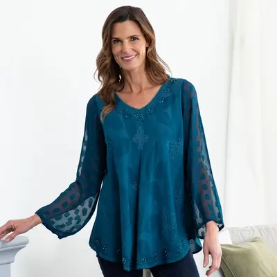 Women's Midnight Butterfly Long Sleeve Beaded Tunic Top - Black - 1X/2X