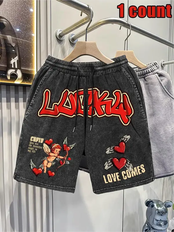 Men's Letter & Angel Print Drawstring Shorts, Casual Comfy Fashion Breathable Shorts for Daily Wear, Men Bottoms for Summer