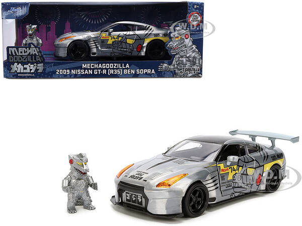 2009 Nissan GT-R (R35) Ben Sopra Brushed Metal with Black Top and Graphics and Mechagodzilla Diecast Figure Godzilla Franch...