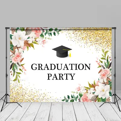 White Pink Floral Gold Glitter Grad Photography Backdrop - Aperturee