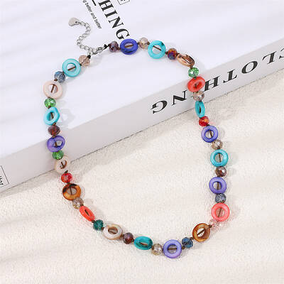 Bohemian Dyed Natural Shell Flat Round & Faceted Rondelle Glass Beaded Necklaces for Women